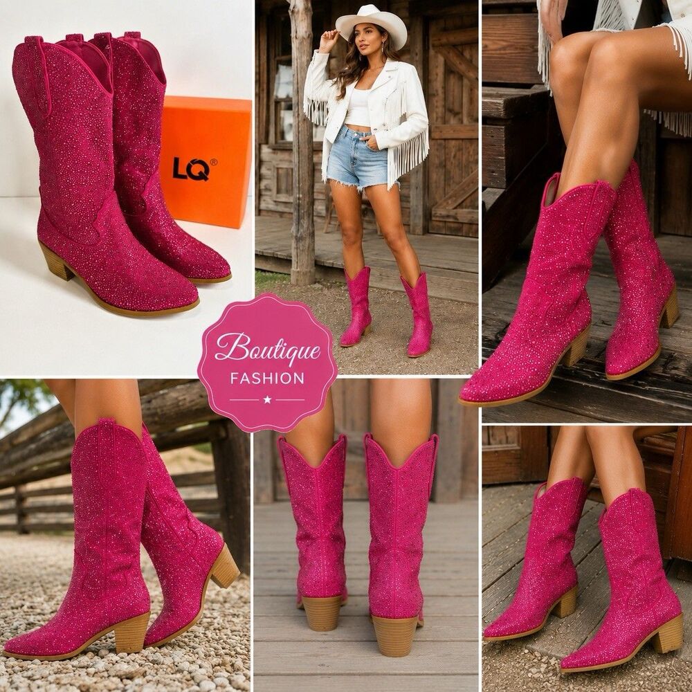 New Women's 10 Pink Rhinestone Cowboy Cowgirl Western Mid-Calf Boots Block Heel